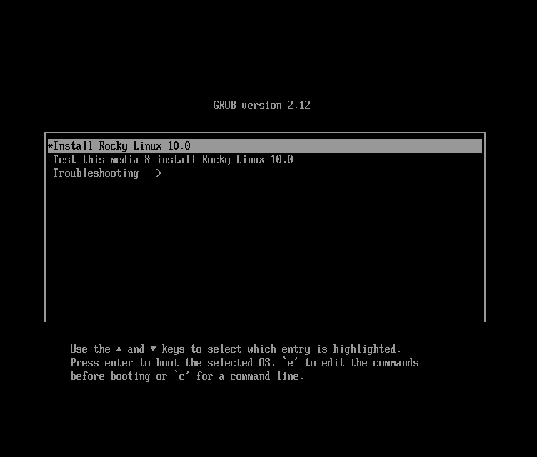 Schermata di avvio dell'installazione Rocky Linux