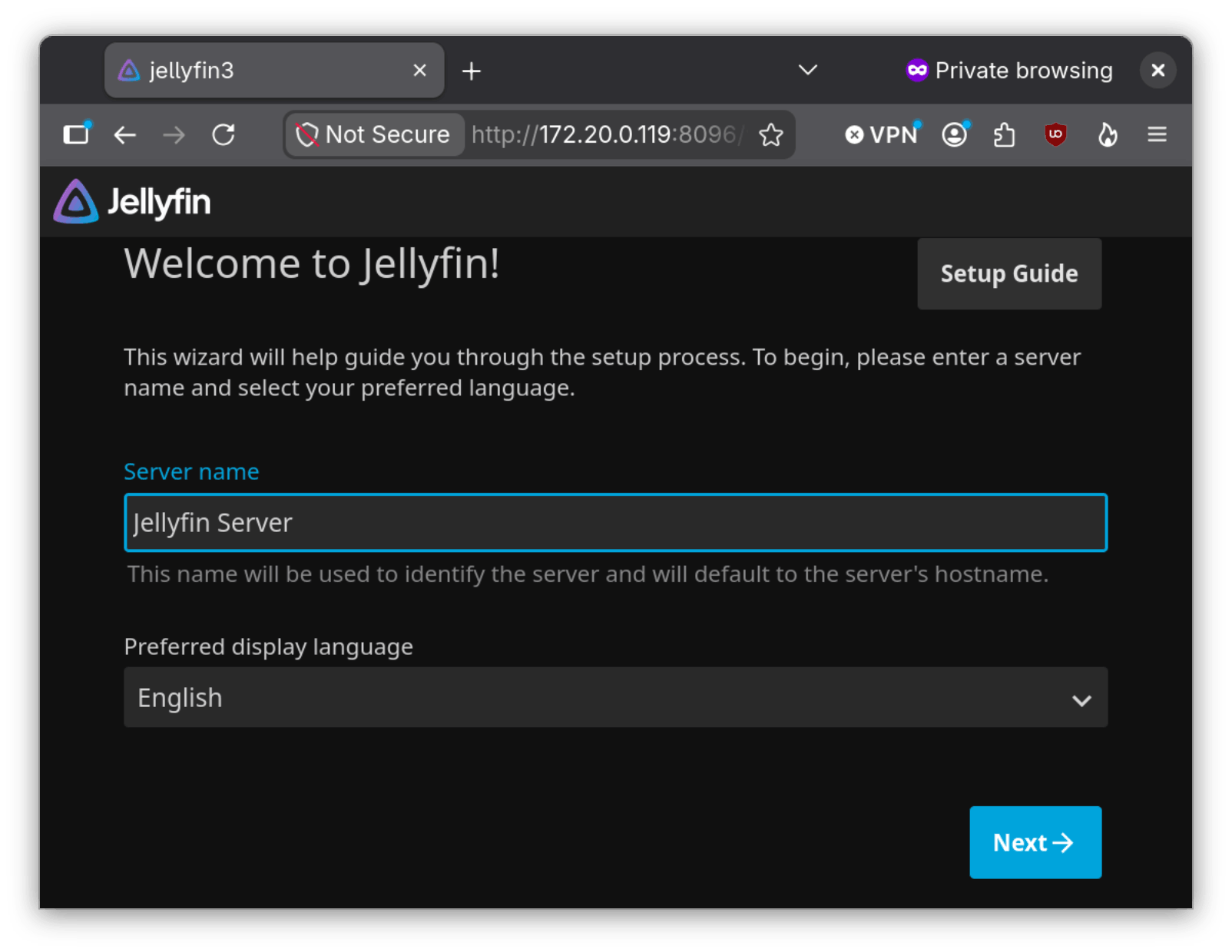 Our Jellyfin Wizard on the Server Name screen