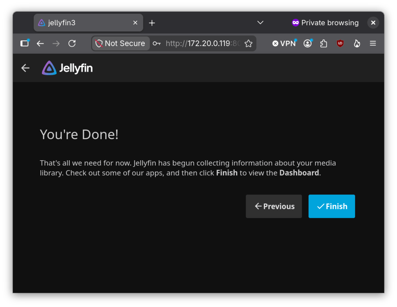 Our Jellyfin Wizard on the final setup screen