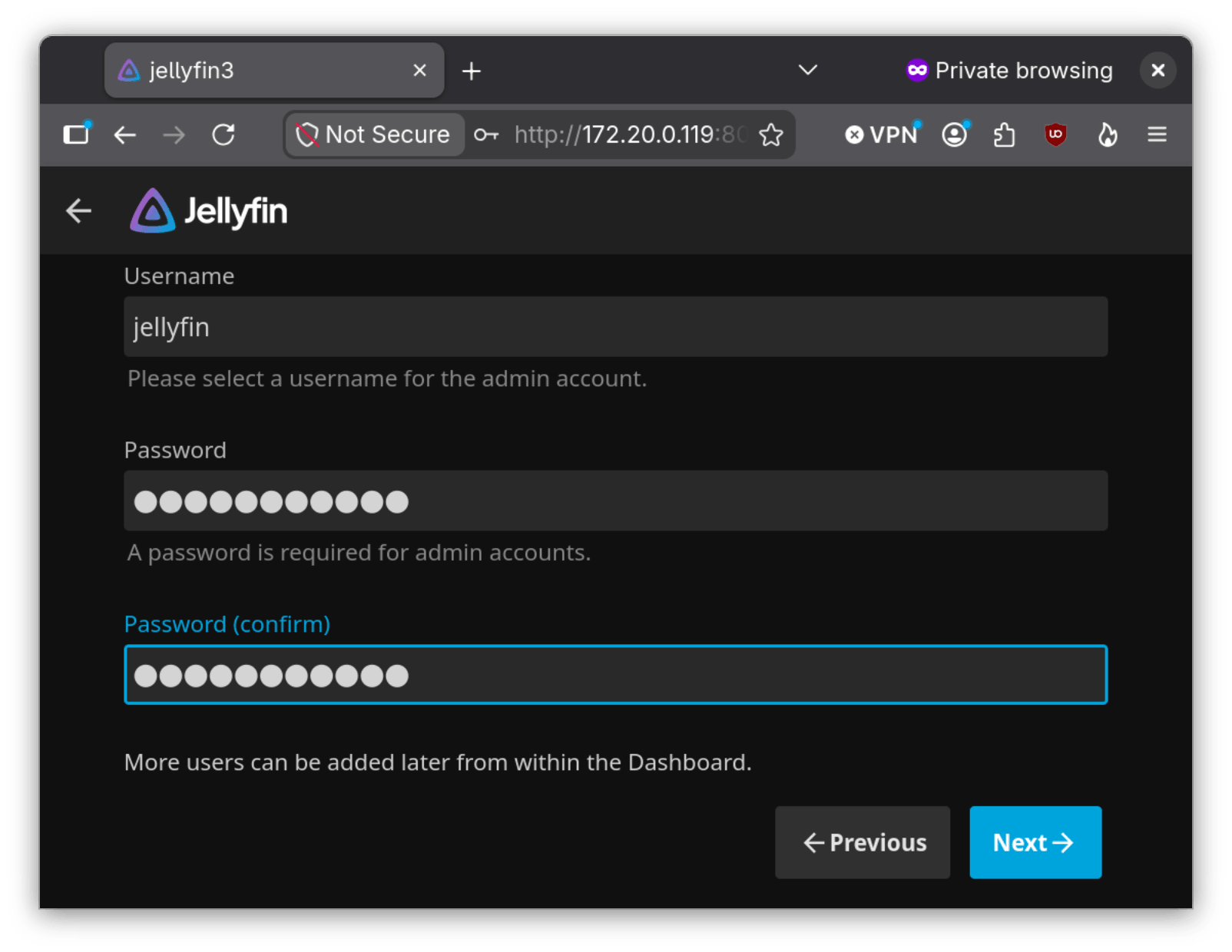 Our Jellyfin Wizard on the Password screen