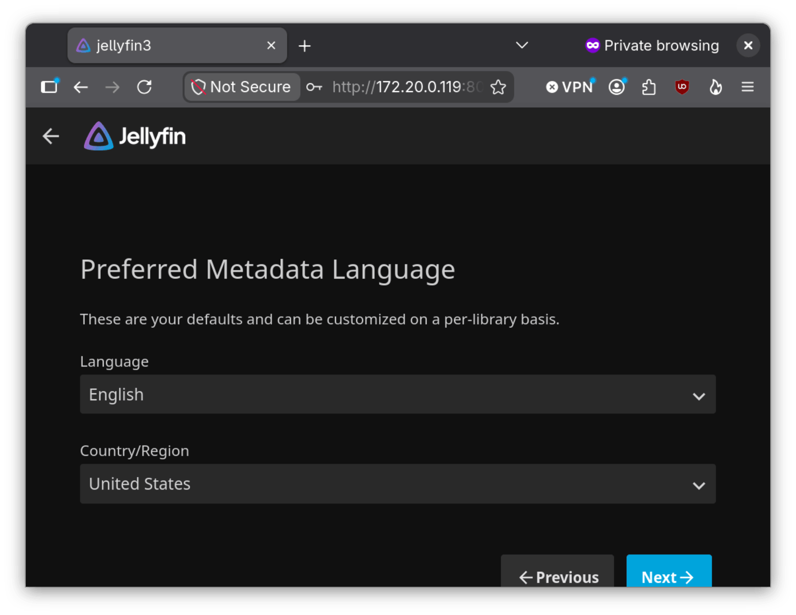 Our Jellyfin Wizard on the Preferred Metadata screen