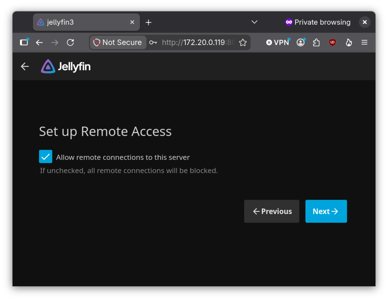 Our Jellyfin Wizard on the Remote Access screen